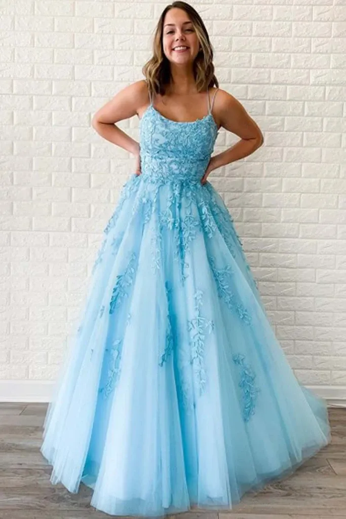 Promfast A-Line Round Neck Yellow Tulle Lace Prom Dresses Formal Dresses PFP1916