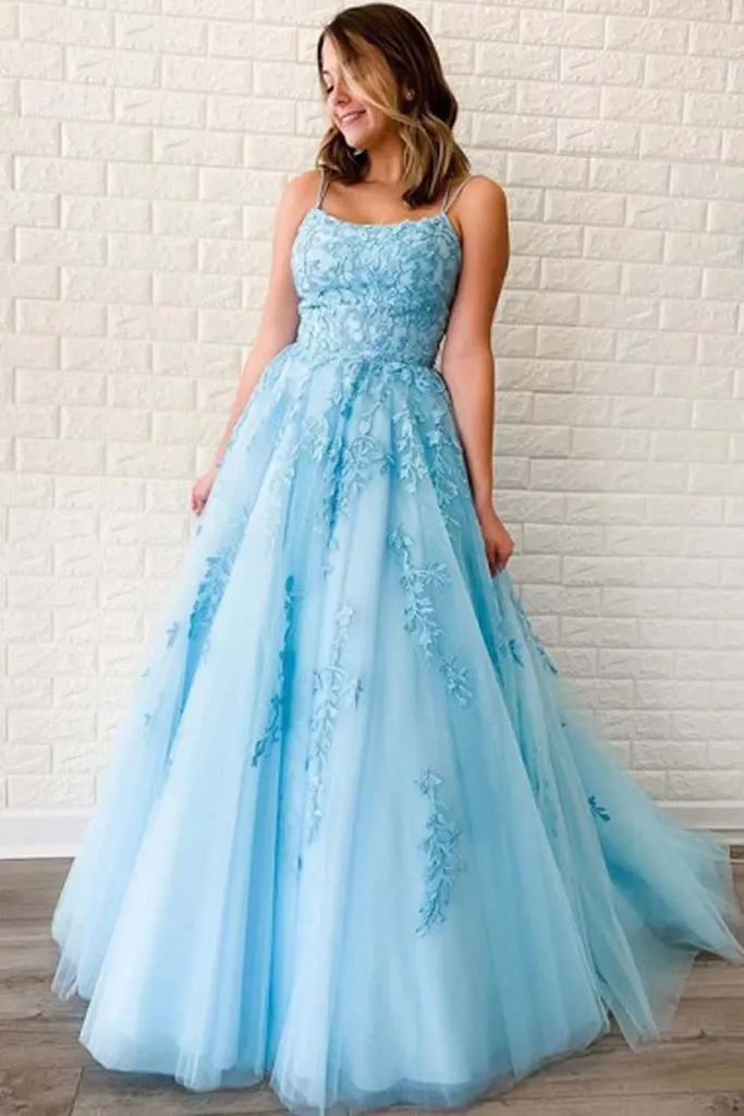 Promfast A-Line Round Neck Yellow Tulle Lace Prom Dresses Formal Dresses PFP1916