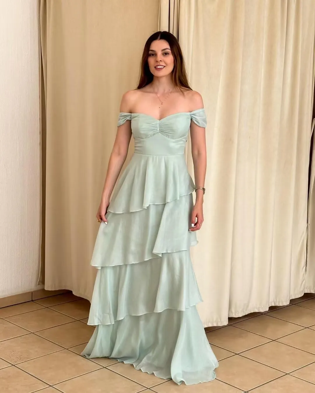 Rjer Off The Shoulder Chiffon Bridesmaid Dresses Elegant Tiered Long Formal Evening Gowns for Women