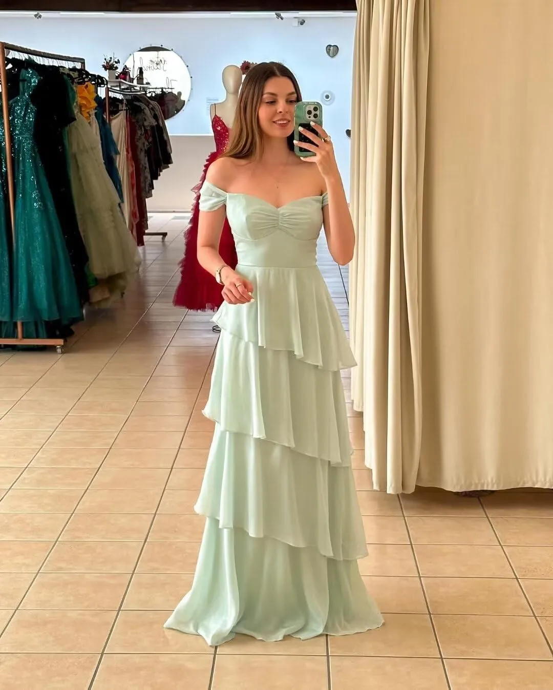 Rjer Off The Shoulder Chiffon Bridesmaid Dresses Elegant Tiered Long Formal Evening Gowns for Women
