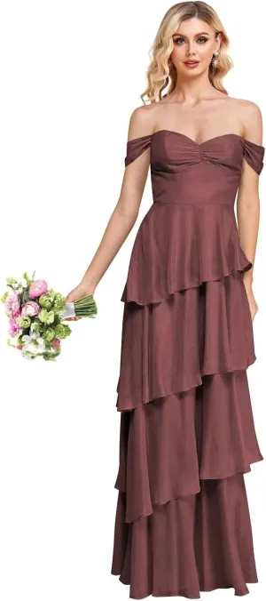 Rjer Off The Shoulder Chiffon Bridesmaid Dresses Elegant Tiered Long Formal Evening Gowns for Women