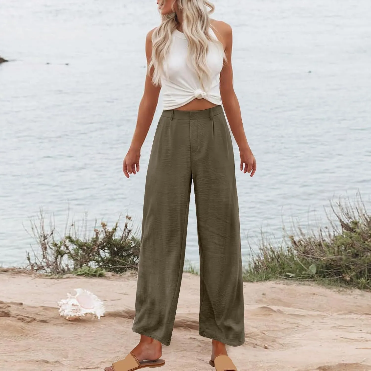 RKSTN Womens Loose Wide Leg Pants High Waist Straight Pants Casual Work Dress Pant Plain Trouser Pants with Pockets