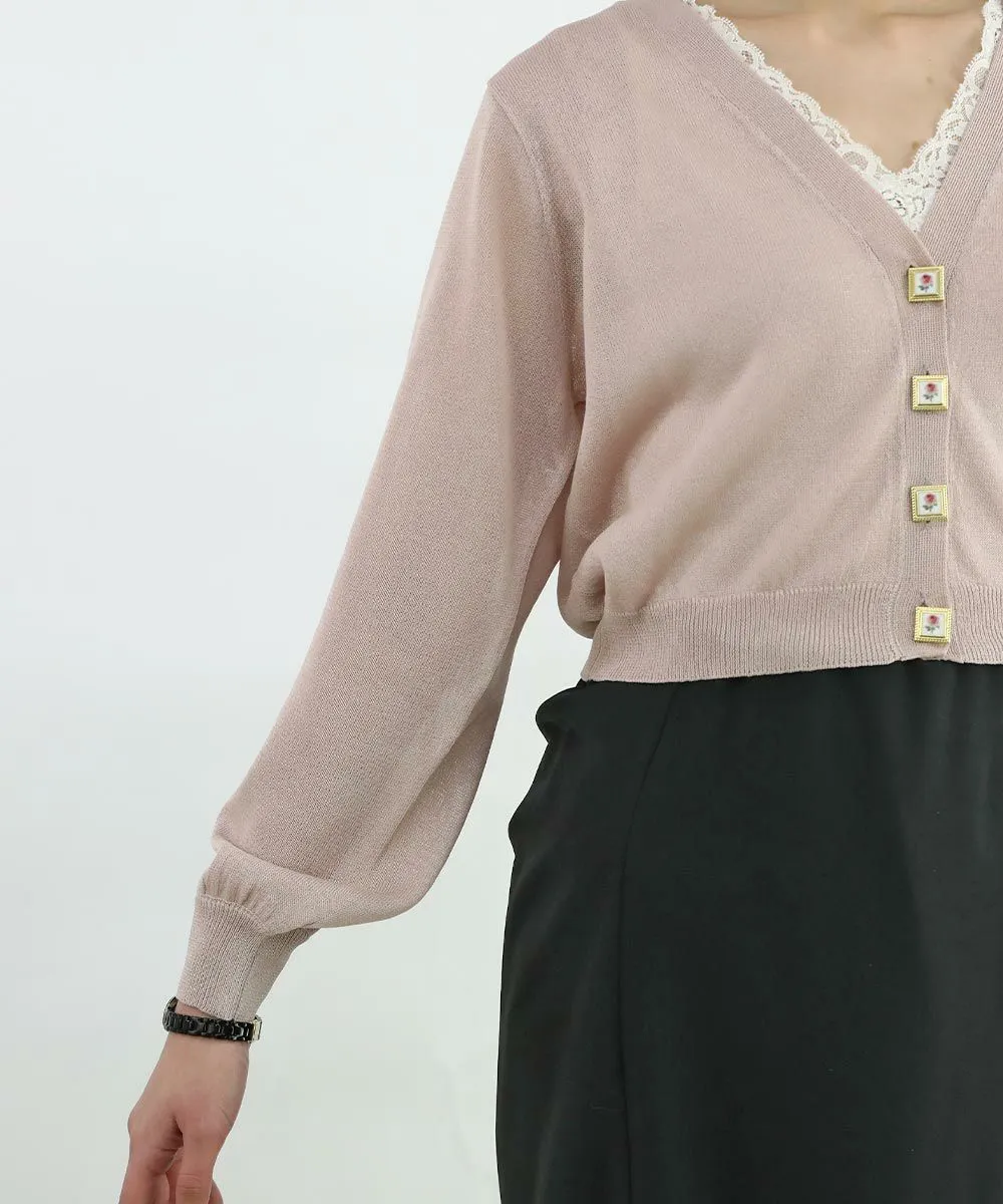 Rose Painted Button Sheer Knit Cardigan