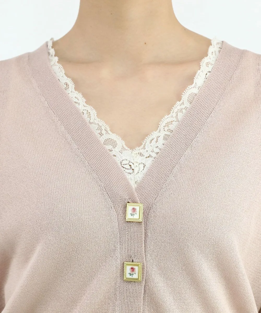 Rose Painted Button Sheer Knit Cardigan