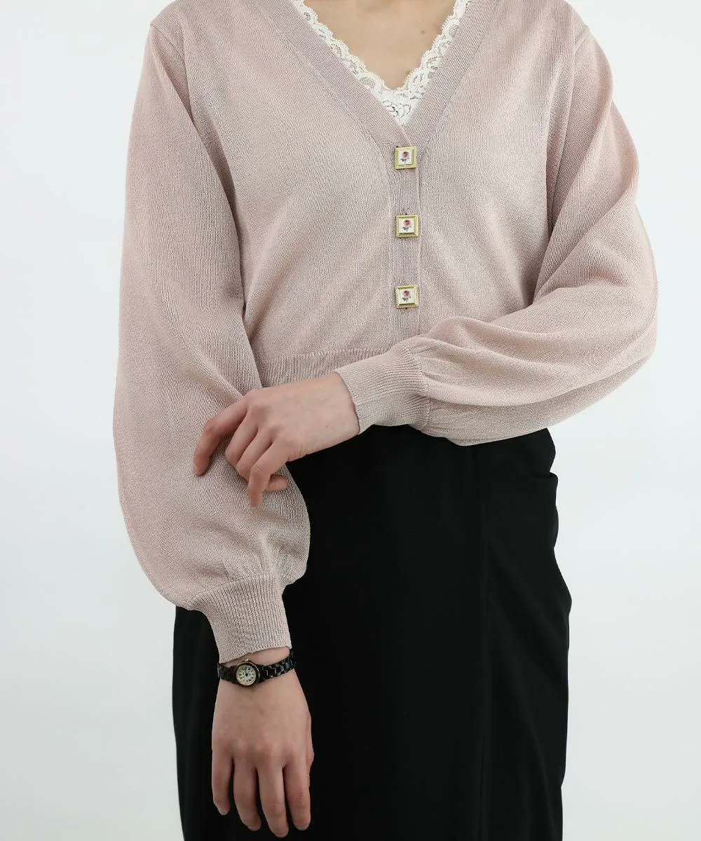 Rose Painted Button Sheer Knit Cardigan