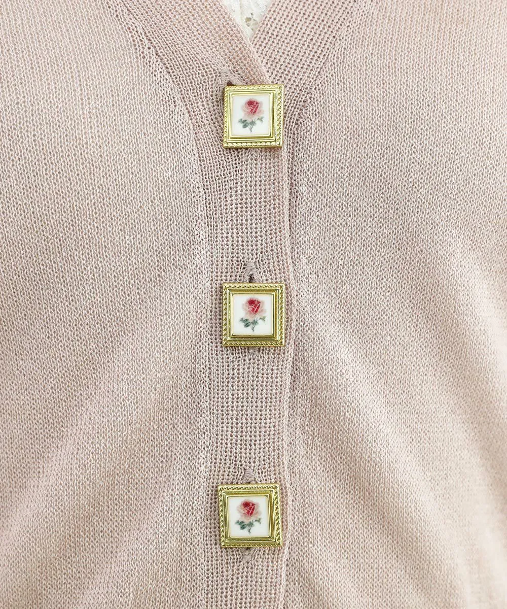Rose Painted Button Sheer Knit Cardigan