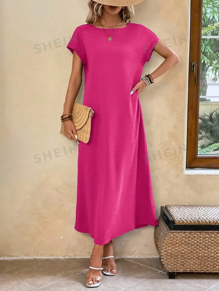 Round neck solid color short sleeve maxi dress in pink