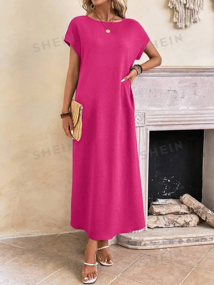 Round neck solid color short sleeve maxi dress in pink