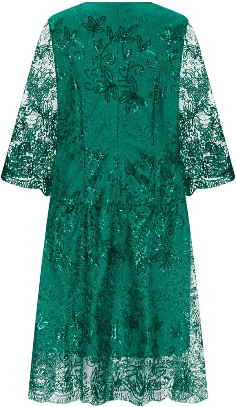 Ruziyoog Womens Elegant Floral lace Midi Dress Plus Size Lace Chiffon Wedding Guest Dresses Formal 3/4 Sleeve Dresses