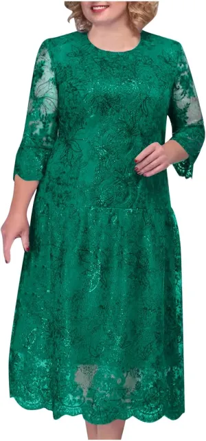 Ruziyoog Womens Elegant Floral lace Midi Dress Plus Size Lace Chiffon Wedding Guest Dresses Formal 3/4 Sleeve Dresses