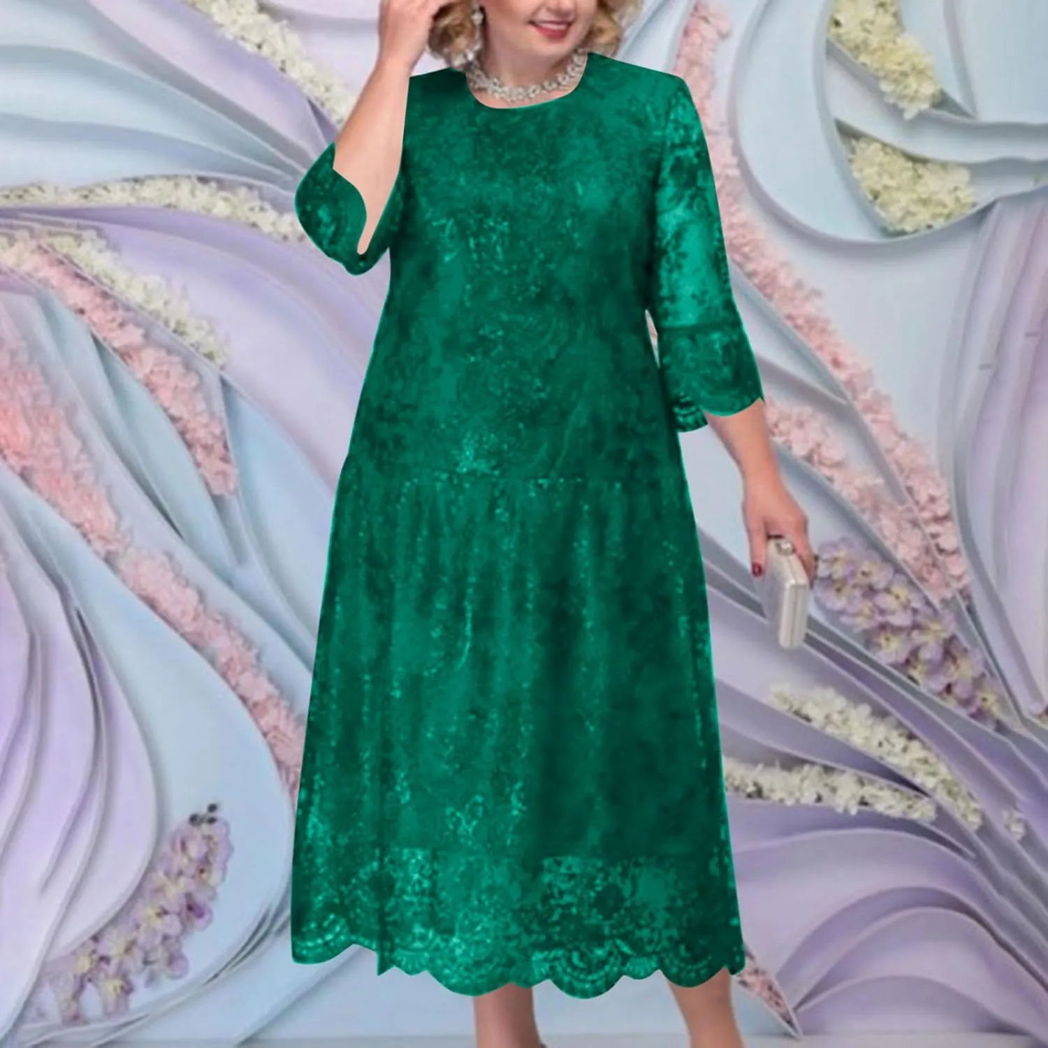 Ruziyoog Womens Elegant Floral lace Midi Dress Plus Size Lace Chiffon Wedding Guest Dresses Formal 3/4 Sleeve Dresses