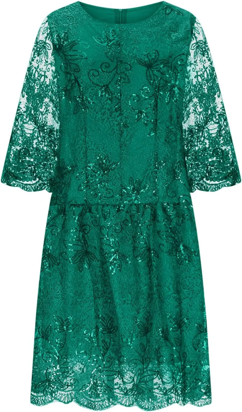Ruziyoog Womens Elegant Floral lace Midi Dress Plus Size Lace Chiffon Wedding Guest Dresses Formal 3/4 Sleeve Dresses