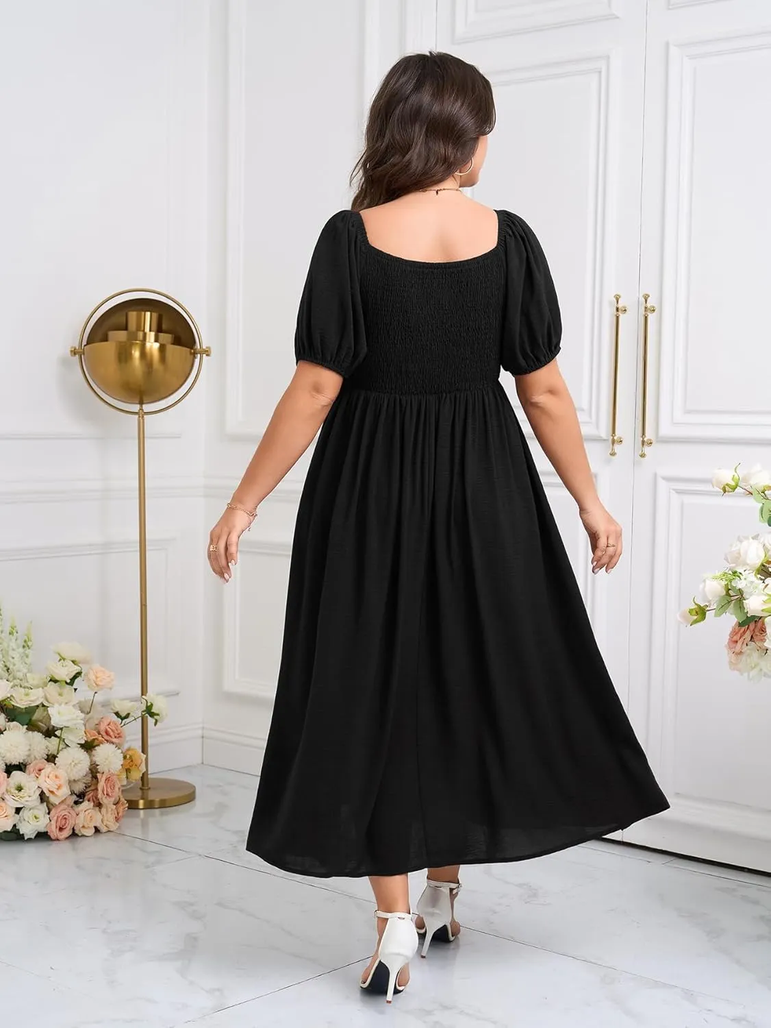 SCOMCHIC Plus Size Sweetheart Neckline Maxi Dress Formal Wedding Guest Short Puff Sleeve Cocktail Smocked A-Line Dresses