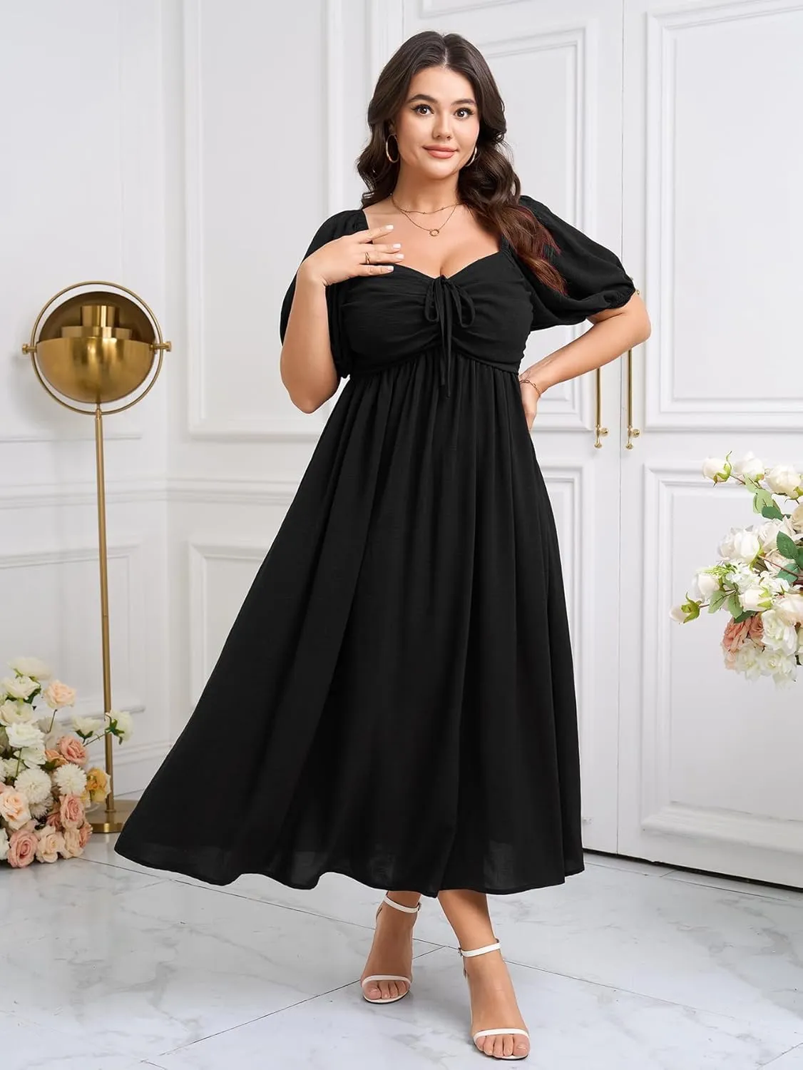 SCOMCHIC Plus Size Sweetheart Neckline Maxi Dress Formal Wedding Guest Short Puff Sleeve Cocktail Smocked A-Line Dresses