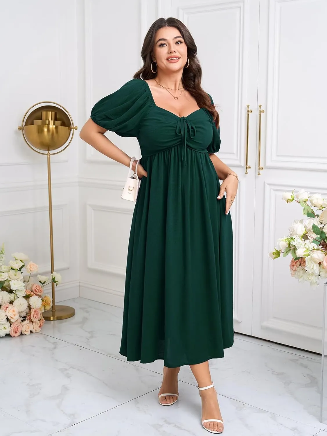 SCOMCHIC Plus Size Sweetheart Neckline Maxi Dress Formal Wedding Guest Short Puff Sleeve Cocktail Smocked A-Line Dresses