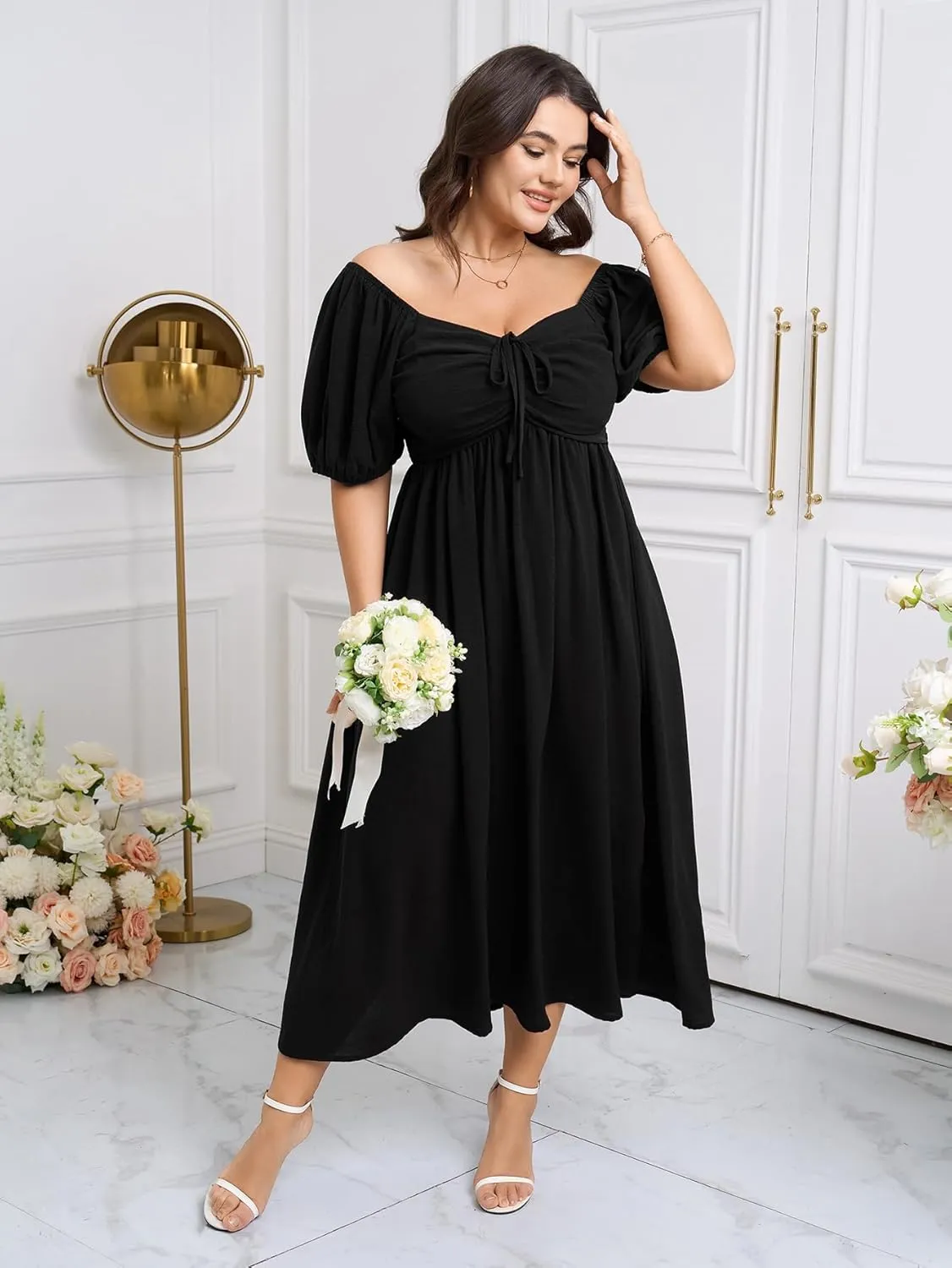 SCOMCHIC Plus Size Sweetheart Neckline Maxi Dress Formal Wedding Guest Short Puff Sleeve Cocktail Smocked A-Line Dresses