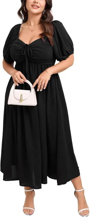 SCOMCHIC Plus Size Sweetheart Neckline Maxi Dress Formal Wedding Guest Short Puff Sleeve Cocktail Smocked A-Line Dresses
