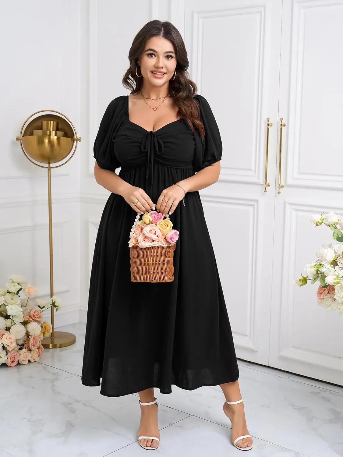 SCOMCHIC Plus Size Sweetheart Neckline Maxi Dress Formal Wedding Guest Short Puff Sleeve Cocktail Smocked A-Line Dresses
