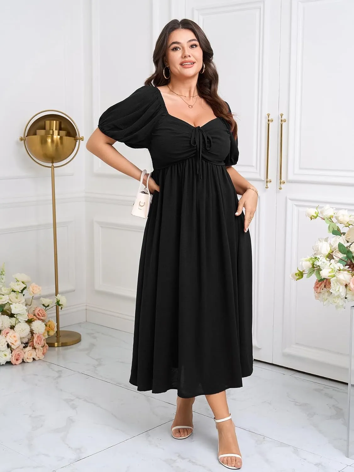 SCOMCHIC Plus Size Sweetheart Neckline Maxi Dress Formal Wedding Guest Short Puff Sleeve Cocktail Smocked A-Line Dresses