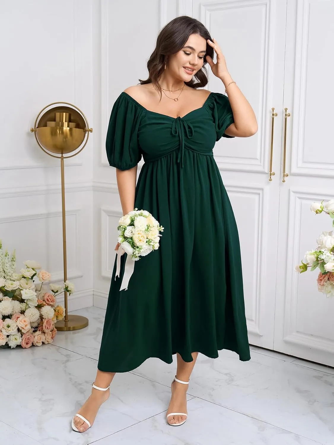 SCOMCHIC Plus Size Sweetheart Neckline Maxi Dress Formal Wedding Guest Short Puff Sleeve Cocktail Smocked A-Line Dresses