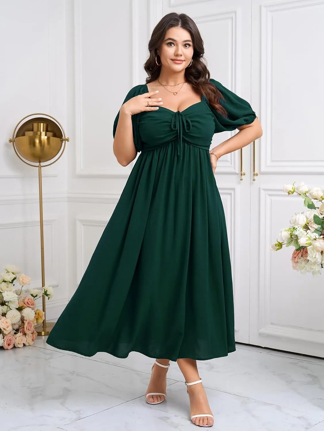 SCOMCHIC Plus Size Sweetheart Neckline Maxi Dress Formal Wedding Guest Short Puff Sleeve Cocktail Smocked A-Line Dresses
