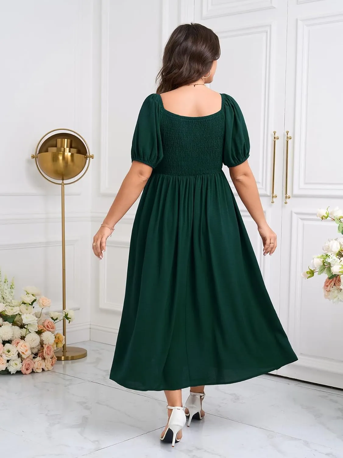 SCOMCHIC Plus Size Sweetheart Neckline Maxi Dress Formal Wedding Guest Short Puff Sleeve Cocktail Smocked A-Line Dresses