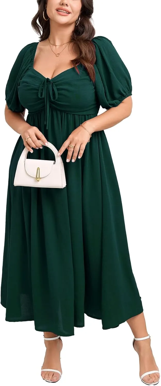 SCOMCHIC Plus Size Sweetheart Neckline Maxi Dress Formal Wedding Guest Short Puff Sleeve Cocktail Smocked A-Line Dresses