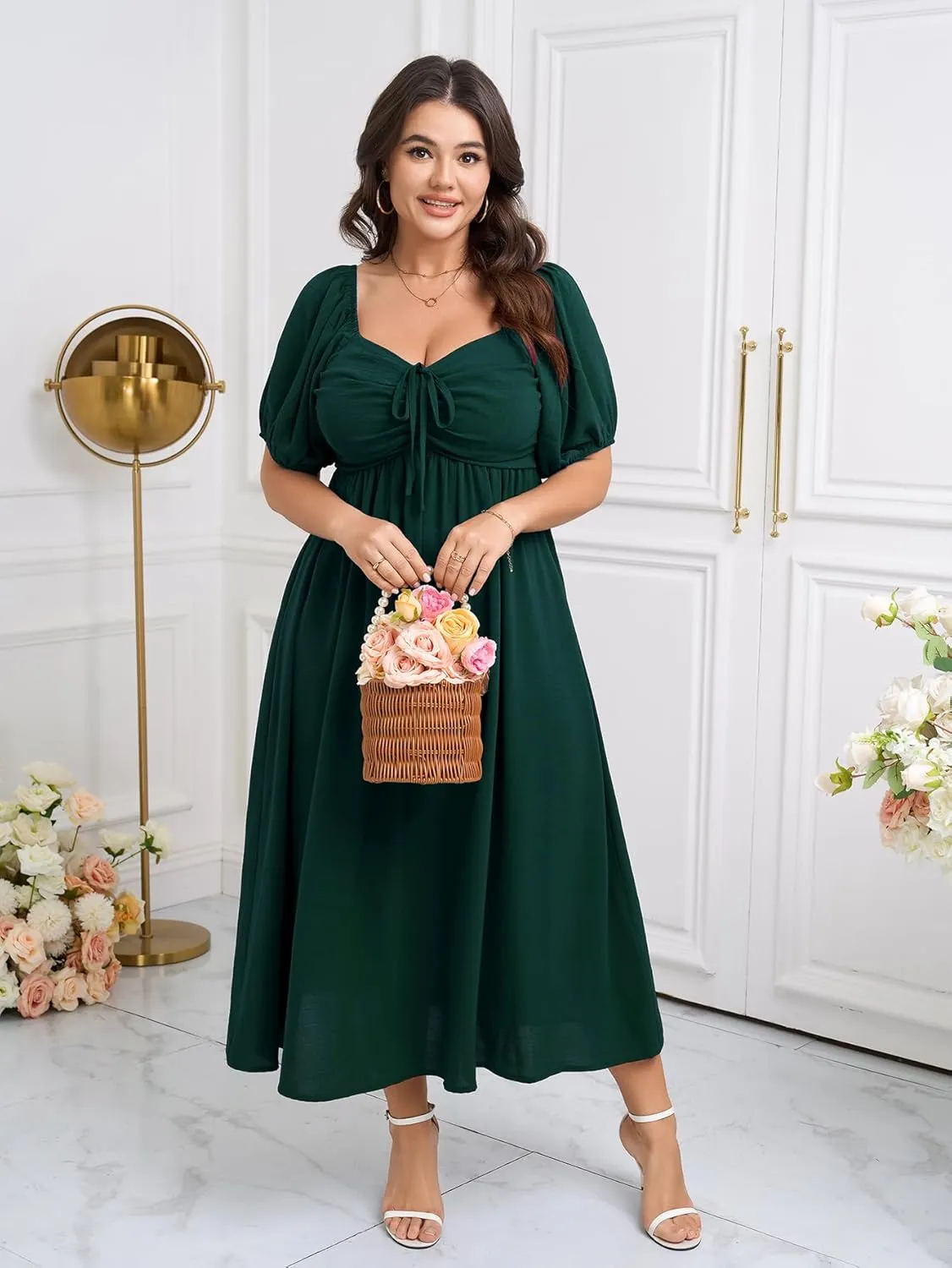 SCOMCHIC Plus Size Sweetheart Neckline Maxi Dress Formal Wedding Guest Short Puff Sleeve Cocktail Smocked A-Line Dresses