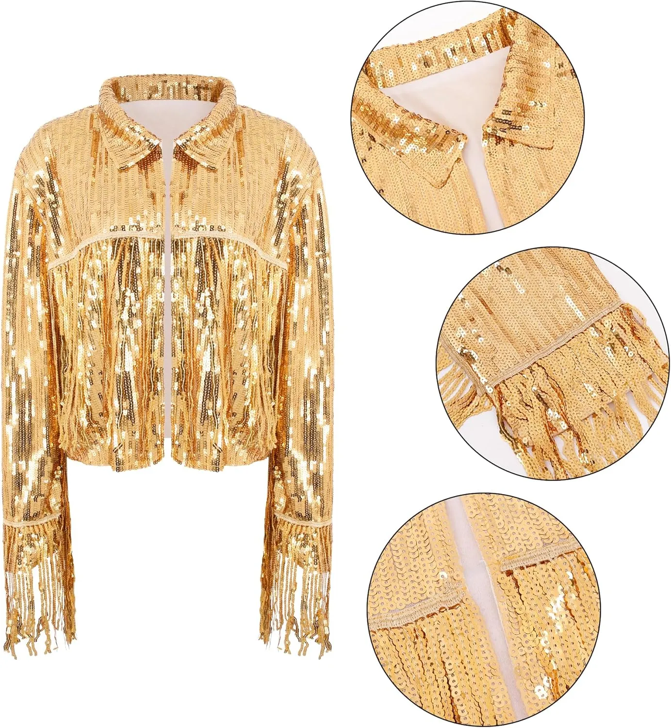 Segreto Women's Glitter Sequin Tassels Bomber Open Front Jacket Shiny Fringe Long Sleeve Coat Cardigan Blazer Disco Outfits