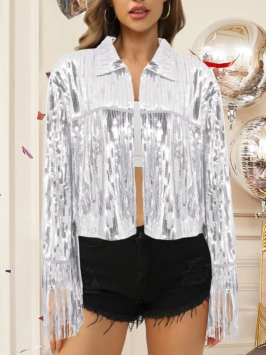Segreto Women's Glitter Sequin Tassels Bomber Open Front Jacket Shiny Fringe Long Sleeve Coat Cardigan Blazer Disco Outfits