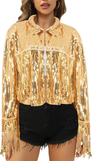 Segreto Women's Glitter Sequin Tassels Bomber Open Front Jacket Shiny Fringe Long Sleeve Coat Cardigan Blazer Disco Outfits