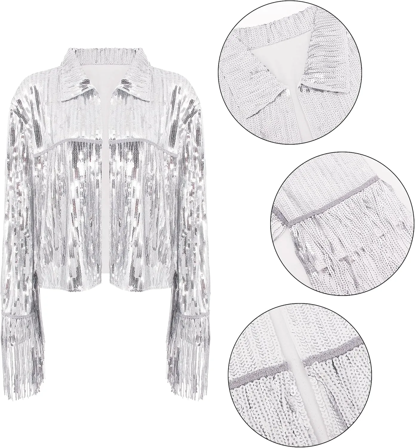 Segreto Women's Glitter Sequin Tassels Bomber Open Front Jacket Shiny Fringe Long Sleeve Coat Cardigan Blazer Disco Outfits