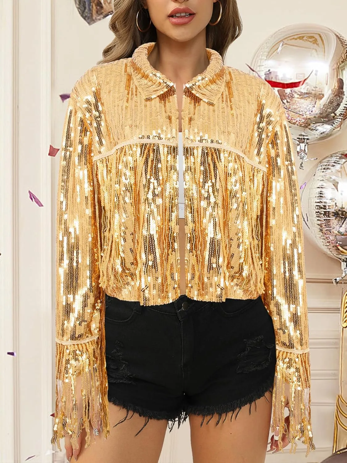 Segreto Women's Glitter Sequin Tassels Bomber Open Front Jacket Shiny Fringe Long Sleeve Coat Cardigan Blazer Disco Outfits