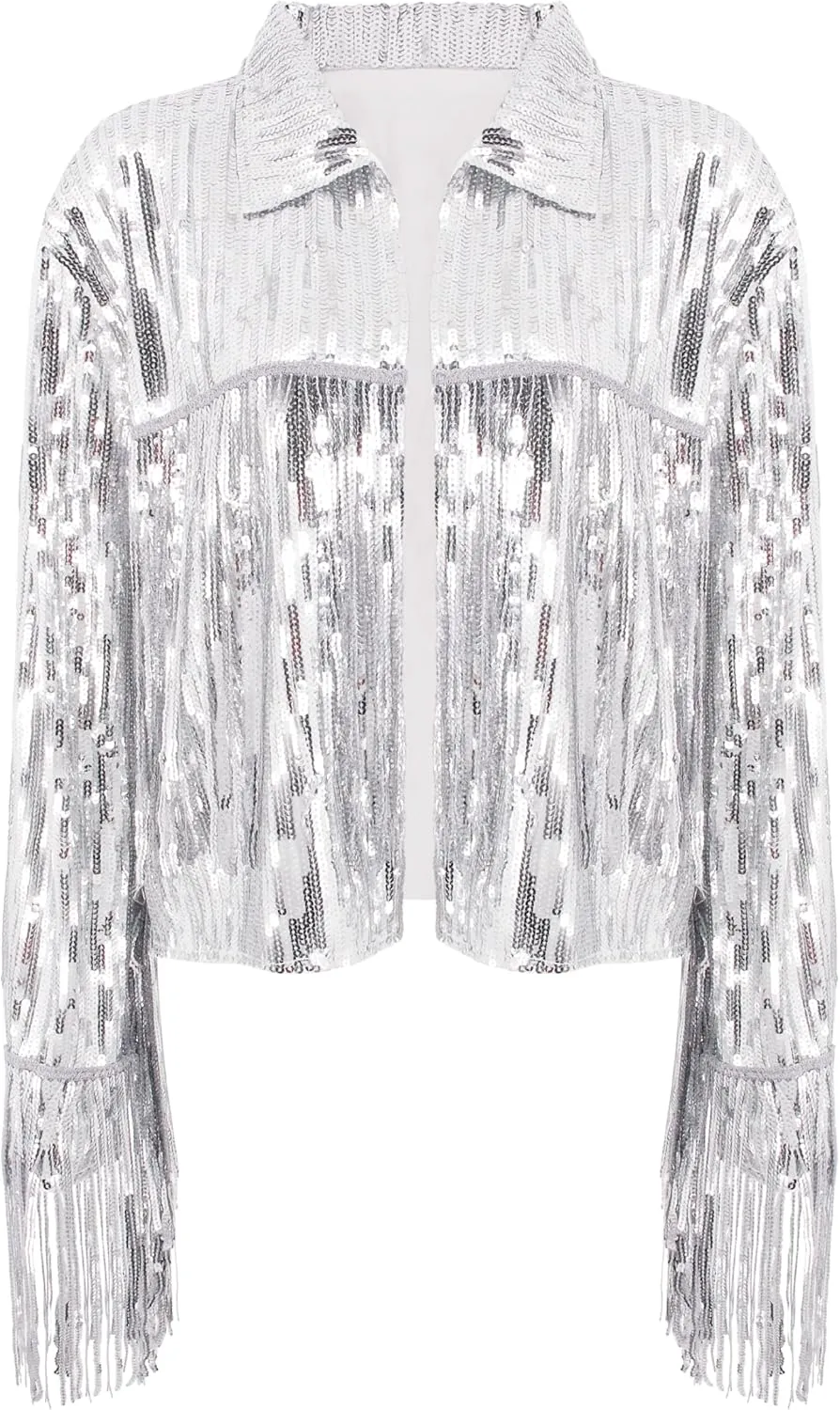 Segreto Women's Glitter Sequin Tassels Bomber Open Front Jacket Shiny Fringe Long Sleeve Coat Cardigan Blazer Disco Outfits