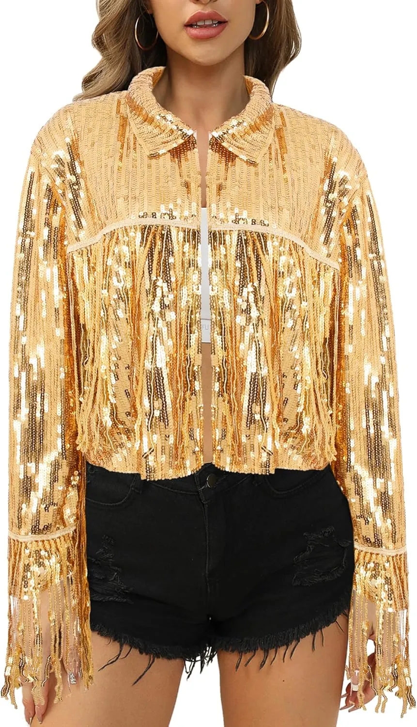 Segreto Women's Glitter Sequin Tassels Bomber Open Front Jacket Shiny Fringe Long Sleeve Coat Cardigan Blazer Disco Outfits