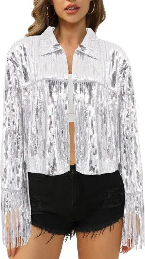 Segreto Women's Glitter Sequin Tassels Bomber Open Front Jacket Shiny Fringe Long Sleeve Coat Cardigan Blazer Disco Outfits