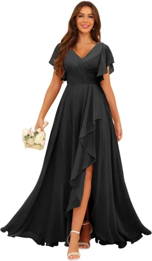 SEIM Women's V Neck Flutter Sleeves Bridesmaid Dresses for Wedding Long Chiffon Ruffled Evening Formal Gown SE070