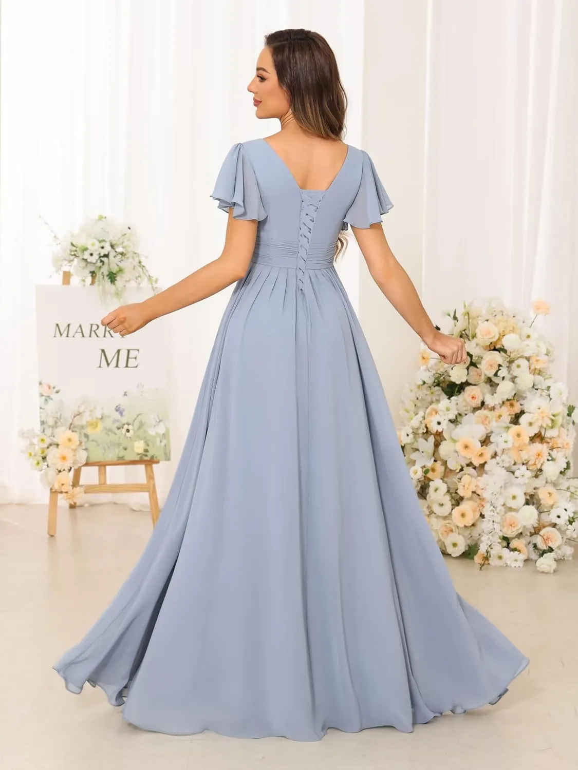 SEIM Women's V Neck Flutter Sleeves Bridesmaid Dresses for Wedding Long Chiffon Ruffled Evening Formal Gown SE070