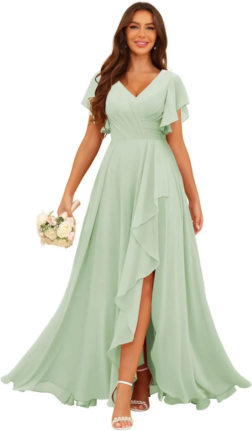 SEIM Women's V Neck Flutter Sleeves Bridesmaid Dresses for Wedding Long Chiffon Ruffled Evening Formal Gown SE070