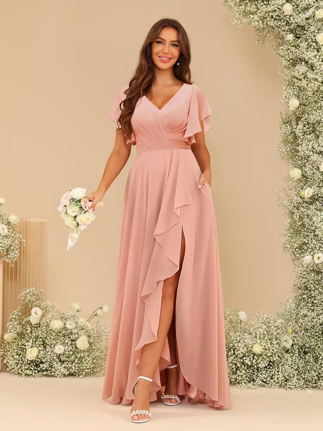 SEIM Women's V Neck Flutter Sleeves Bridesmaid Dresses for Wedding Long Chiffon Ruffled Evening Formal Gown SE070