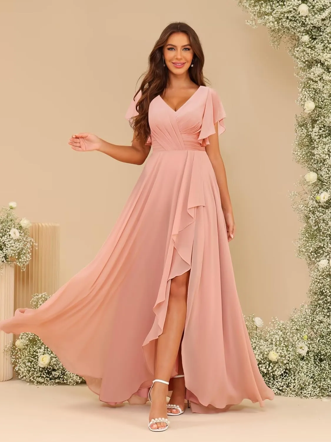 SEIM Women's V Neck Flutter Sleeves Bridesmaid Dresses for Wedding Long Chiffon Ruffled Evening Formal Gown SE070