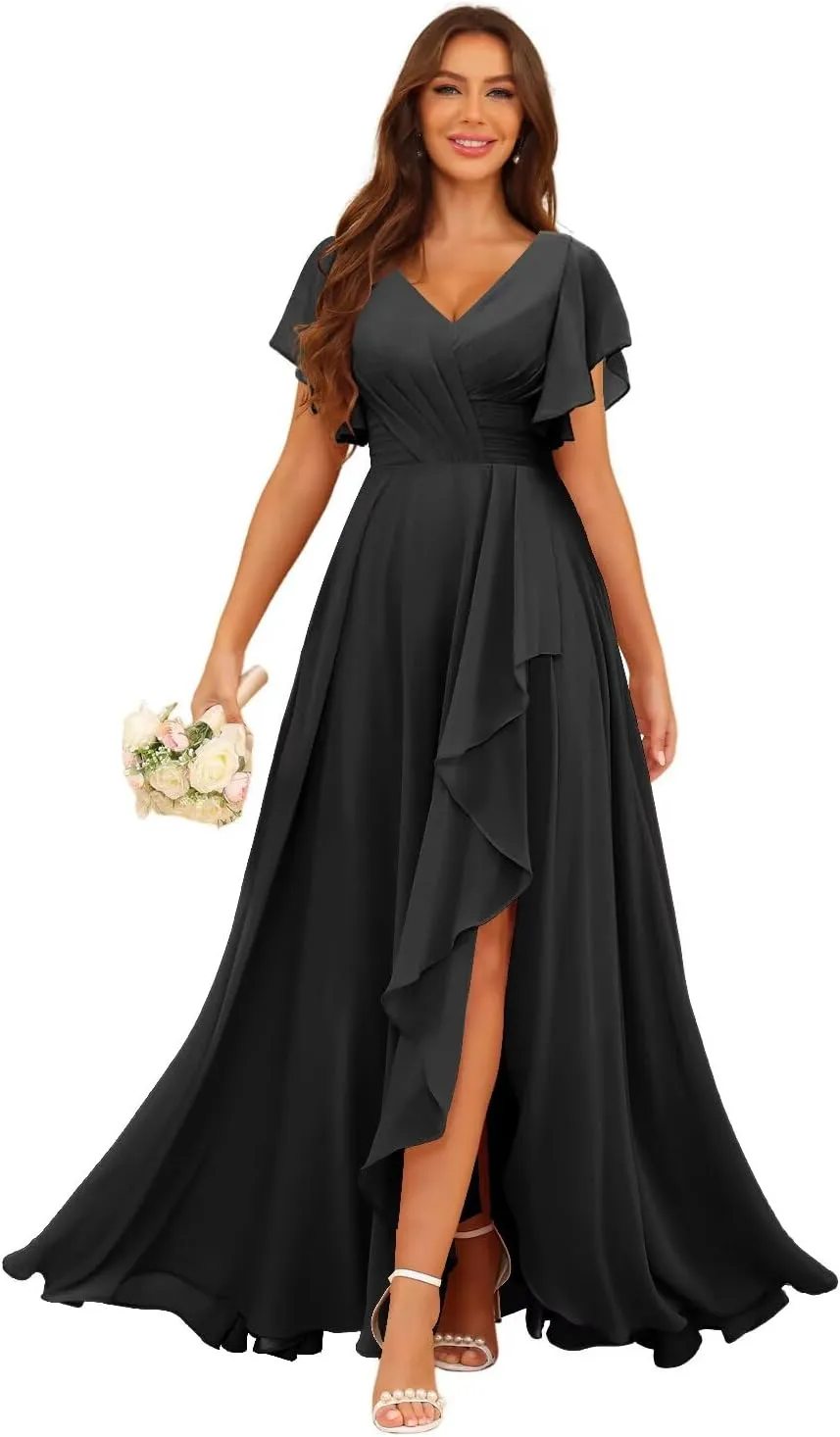 SEIM Women's V Neck Flutter Sleeves Bridesmaid Dresses for Wedding Long Chiffon Ruffled Evening Formal Gown SE070