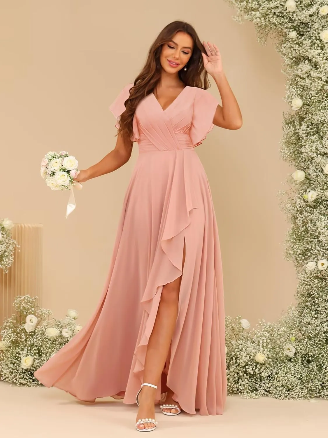 SEIM Women's V Neck Flutter Sleeves Bridesmaid Dresses for Wedding Long Chiffon Ruffled Evening Formal Gown SE070