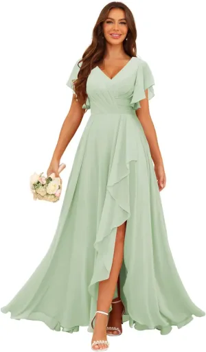 SEIM Women's V Neck Flutter Sleeves Bridesmaid Dresses for Wedding Long Chiffon Ruffled Evening Formal Gown SE070