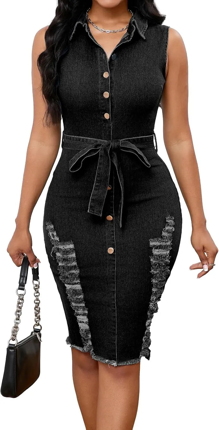 SeNight Women's Denim Dress Sexy V Neck Bodycon Mini Dresses