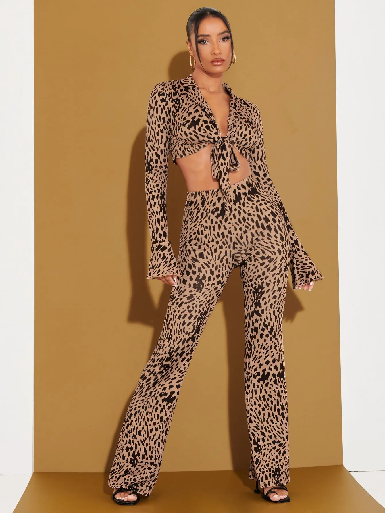 Sexy All Over Print Tie Front Long Sleeve Lapel Women Two-Piece Outfits