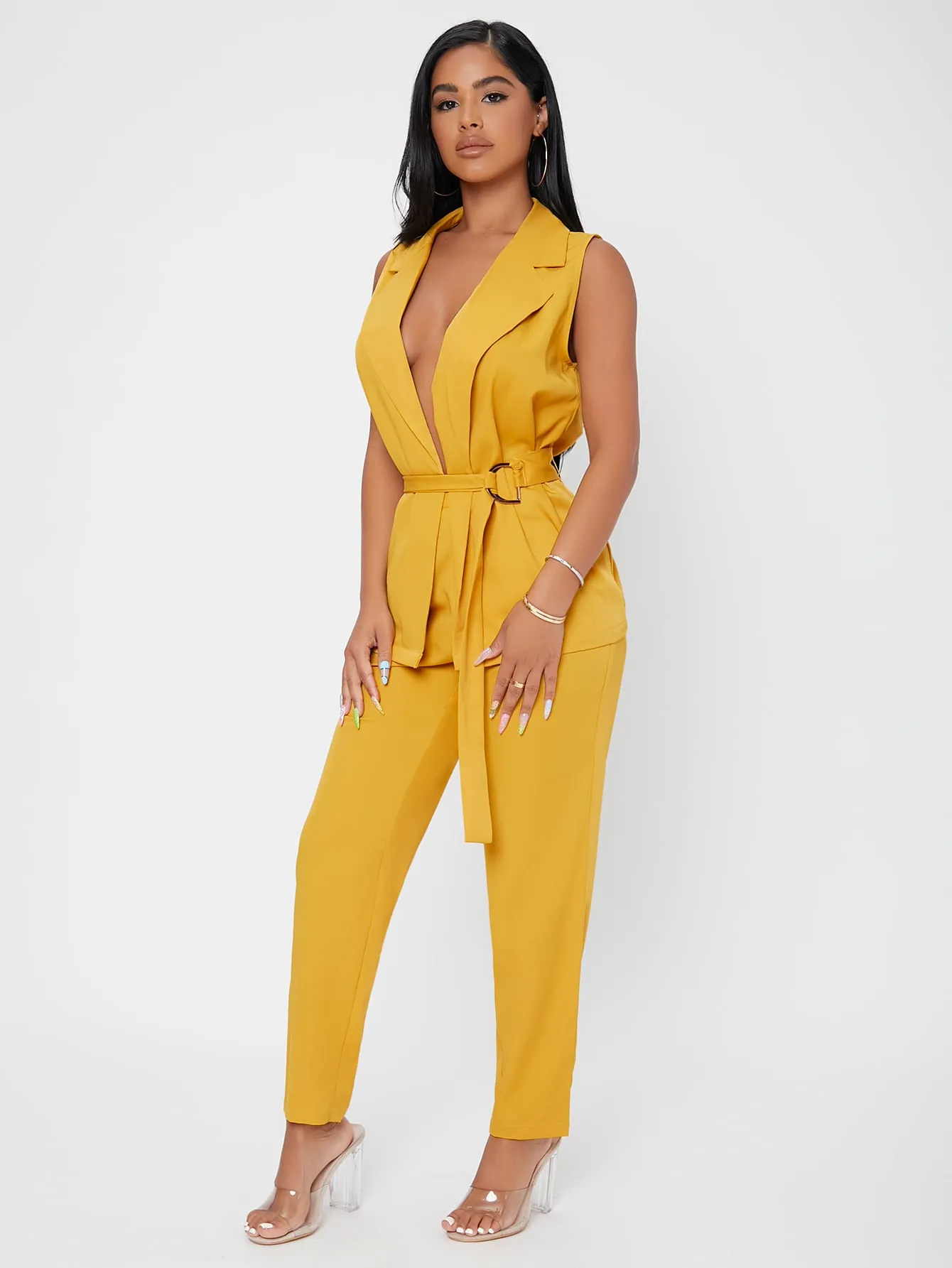 Sexy Plain Belted Sleeveless Lapel Women Two-Piece Outfits