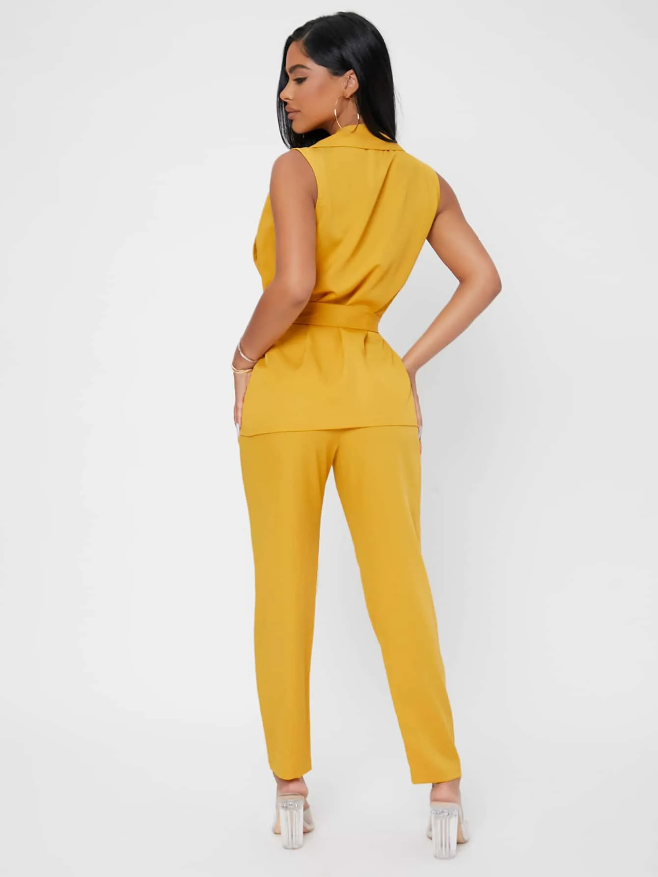 Sexy Plain Belted Sleeveless Lapel Women Two-Piece Outfits