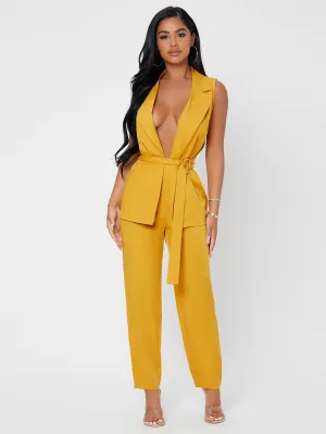 Sexy Plain Belted Sleeveless Lapel Women Two-Piece Outfits