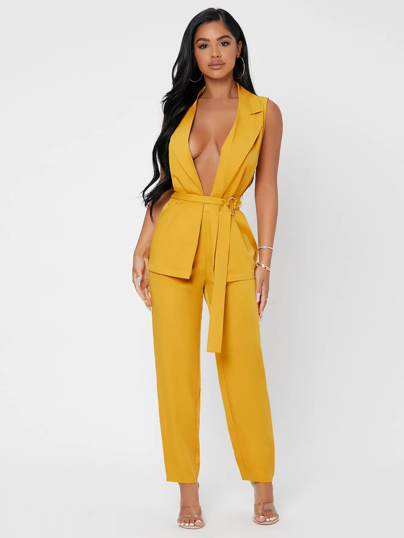 Sexy Plain Belted Sleeveless Lapel Women Two-Piece Outfits